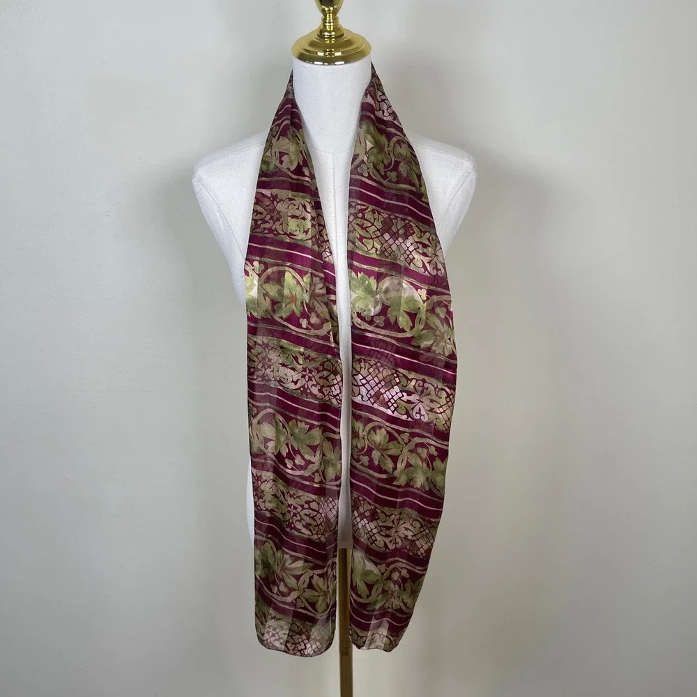 Vintage Scarf Floral Botanical Print Womens Burgundy Green Sheer Dark Academia